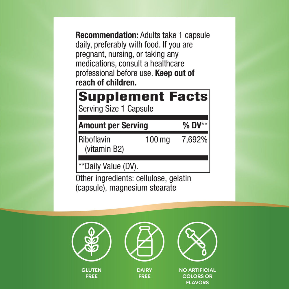 Nature's Way etiqueta de ingredientes de Riboflavin resaltando sin gluten