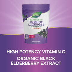 Nature's Way pastillas Sambucus junto a una regla para mostrar tamaño y porción