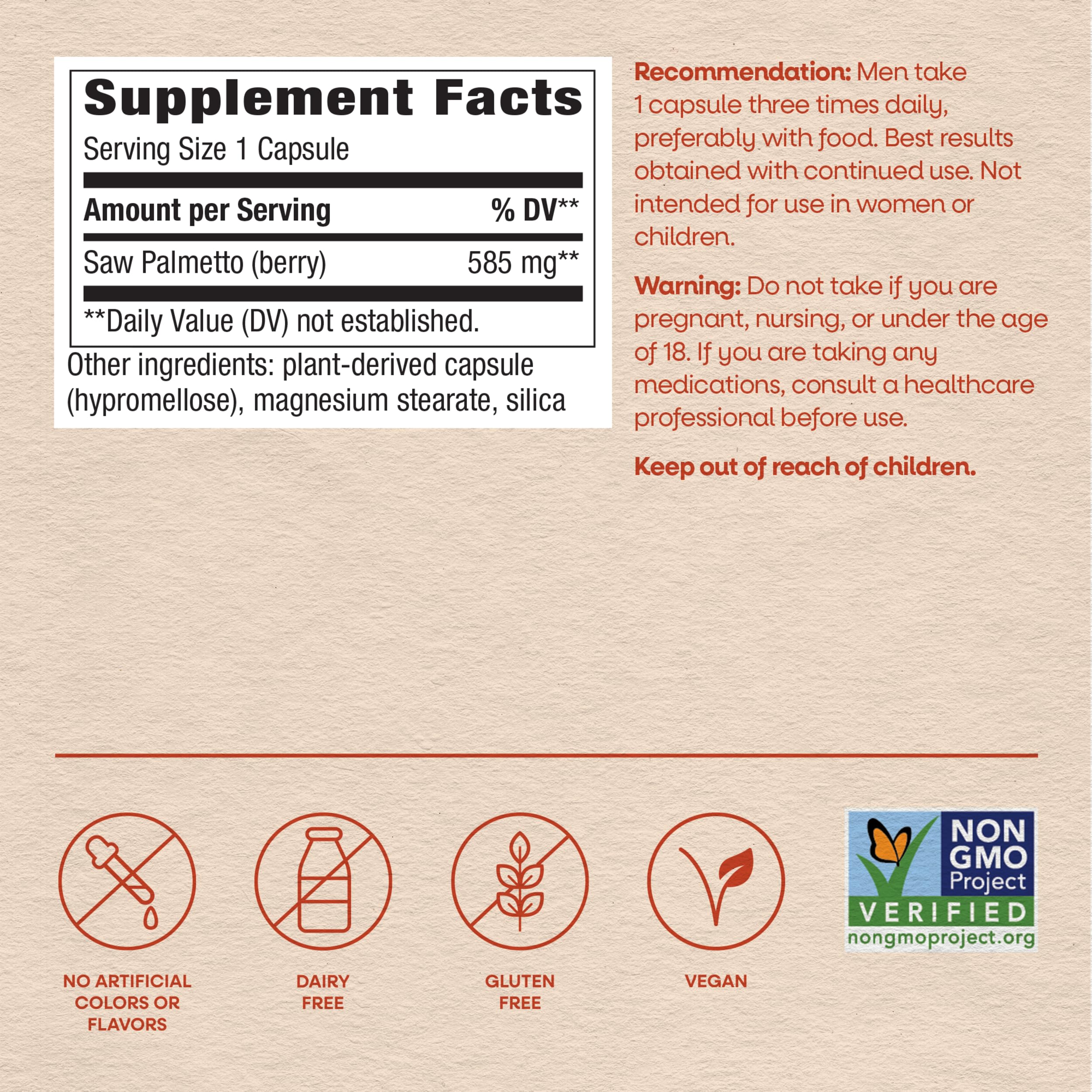 Nature's Way etiqueta con lista de ingredientes y sellos de libre de gluten y lácteos