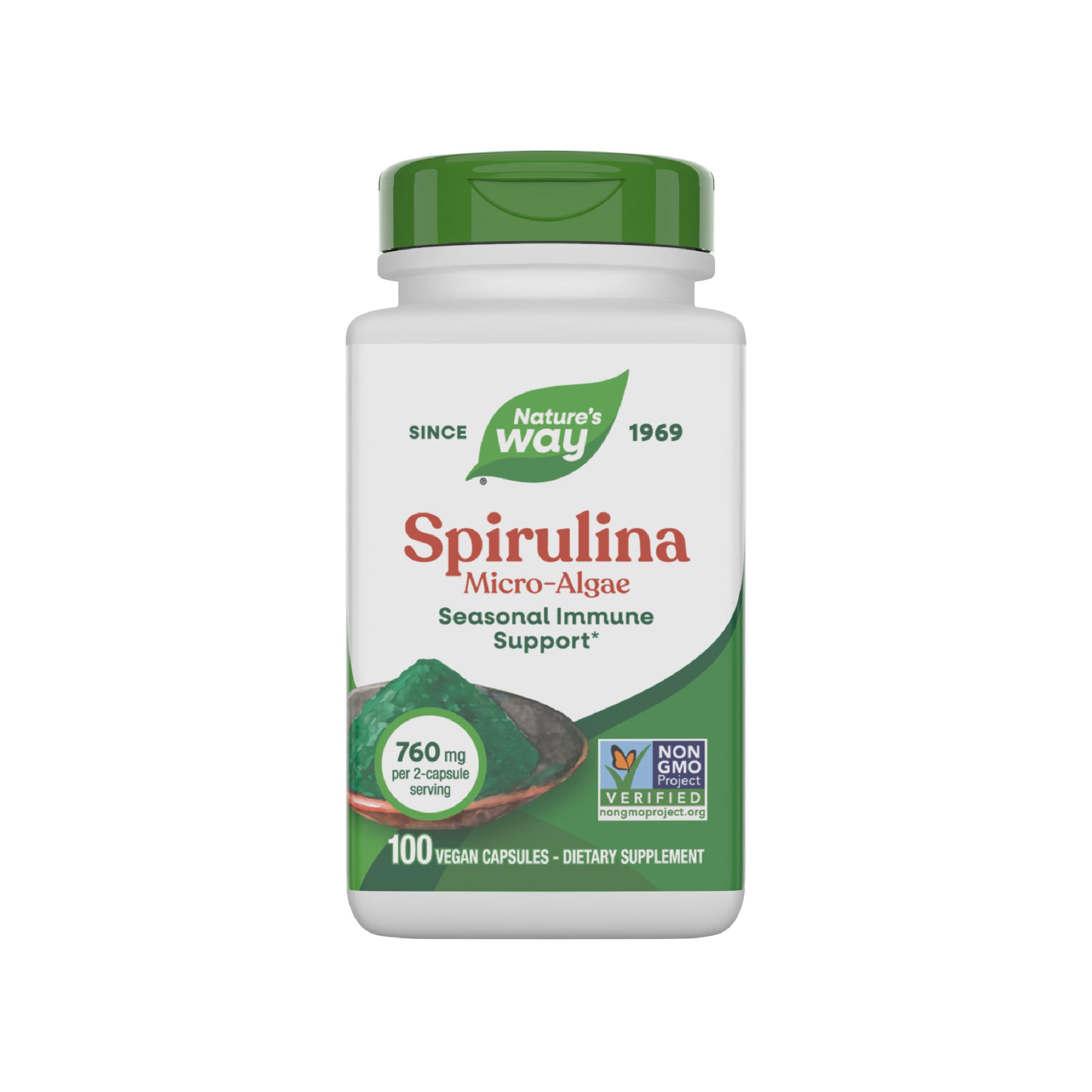 Nature's Way envase frontal de Spirulina, presentación clara y confianza