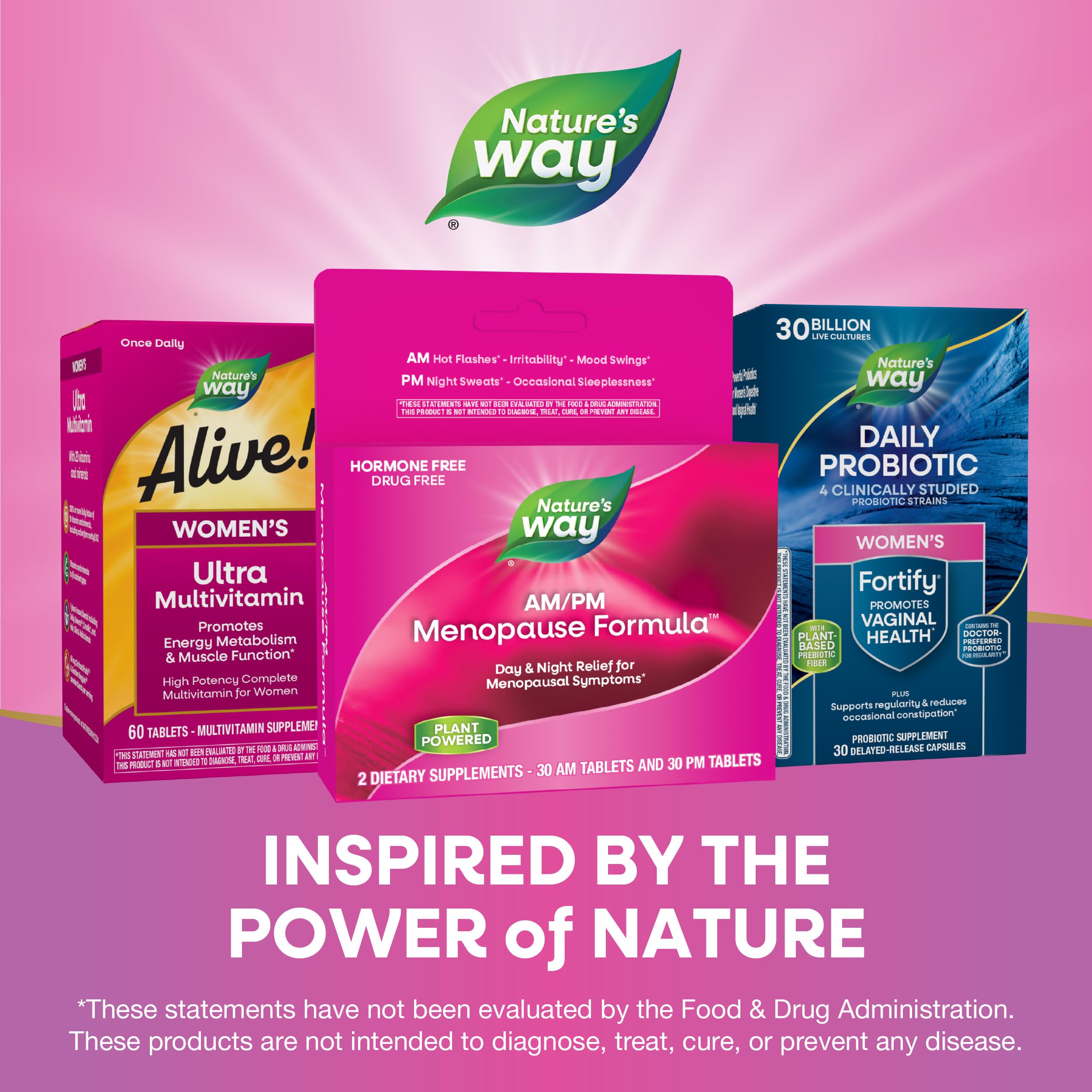 Nature's Way mujer tomando tableta PM antes de dormir, ilustra apoyo nocturno y rutina