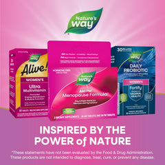 Nature's Way mujer tomando tableta PM antes de dormir, ilustra apoyo nocturno y rutina