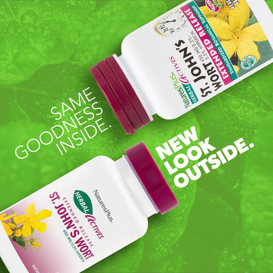 NaturesPlus Activos Herbales Hierba de San Juan en tabletas veganas aptas para dietas.