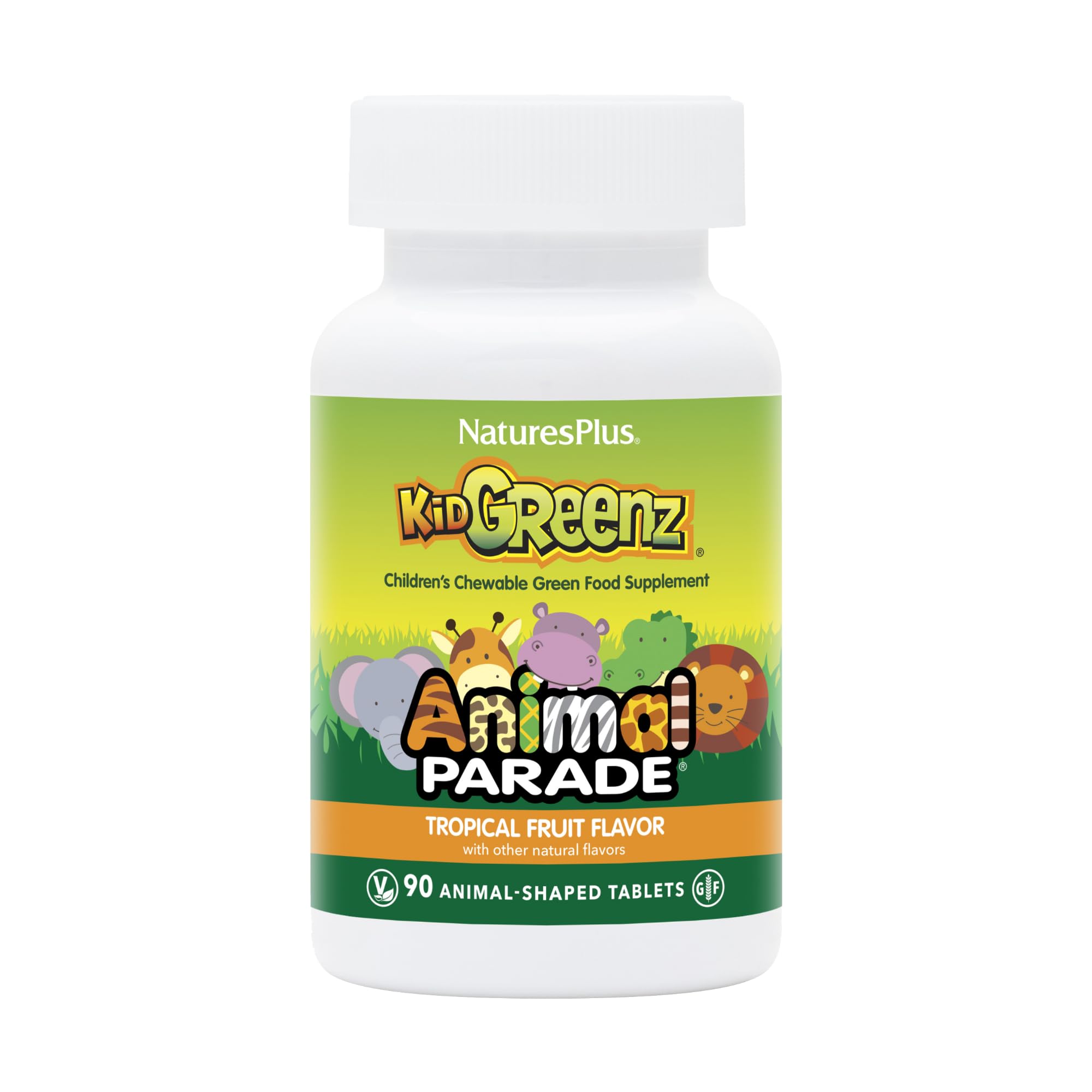 NaturesPlus botella frontal mostrando tabletas masticables y beneficios