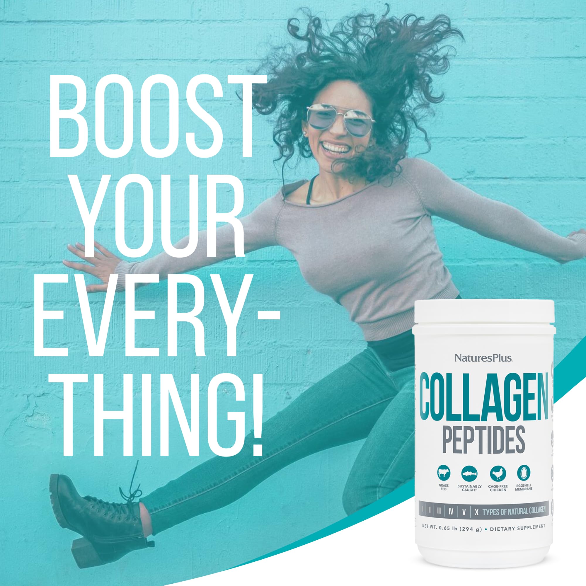 Nature's Plus ambiente lifestyle con bebida nutritiva que apoya piel y articulaciones