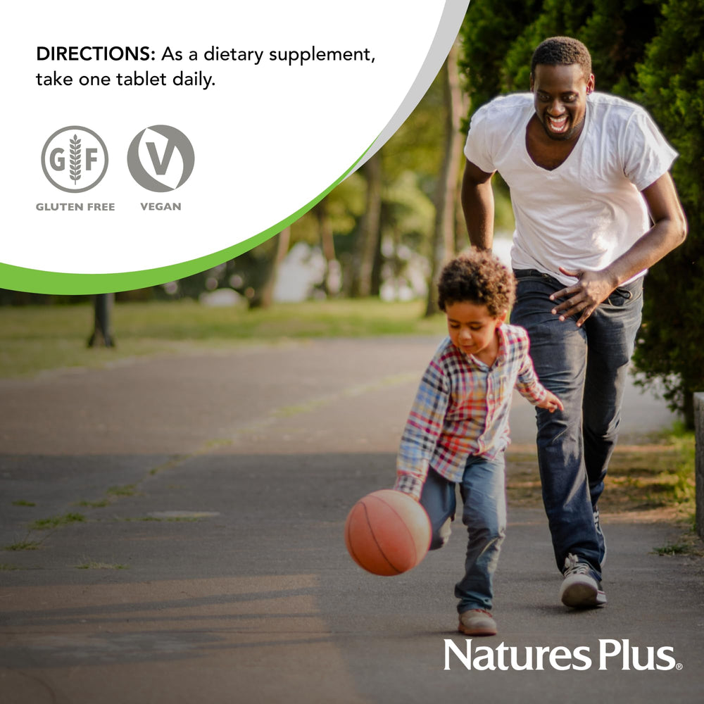NaturesPlus tabletas junto a un desayuno saludable mostrando uso en rutina diaria