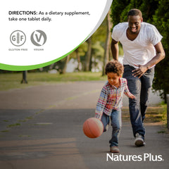 NaturesPlus tabletas junto a un desayuno saludable mostrando uso en rutina diaria