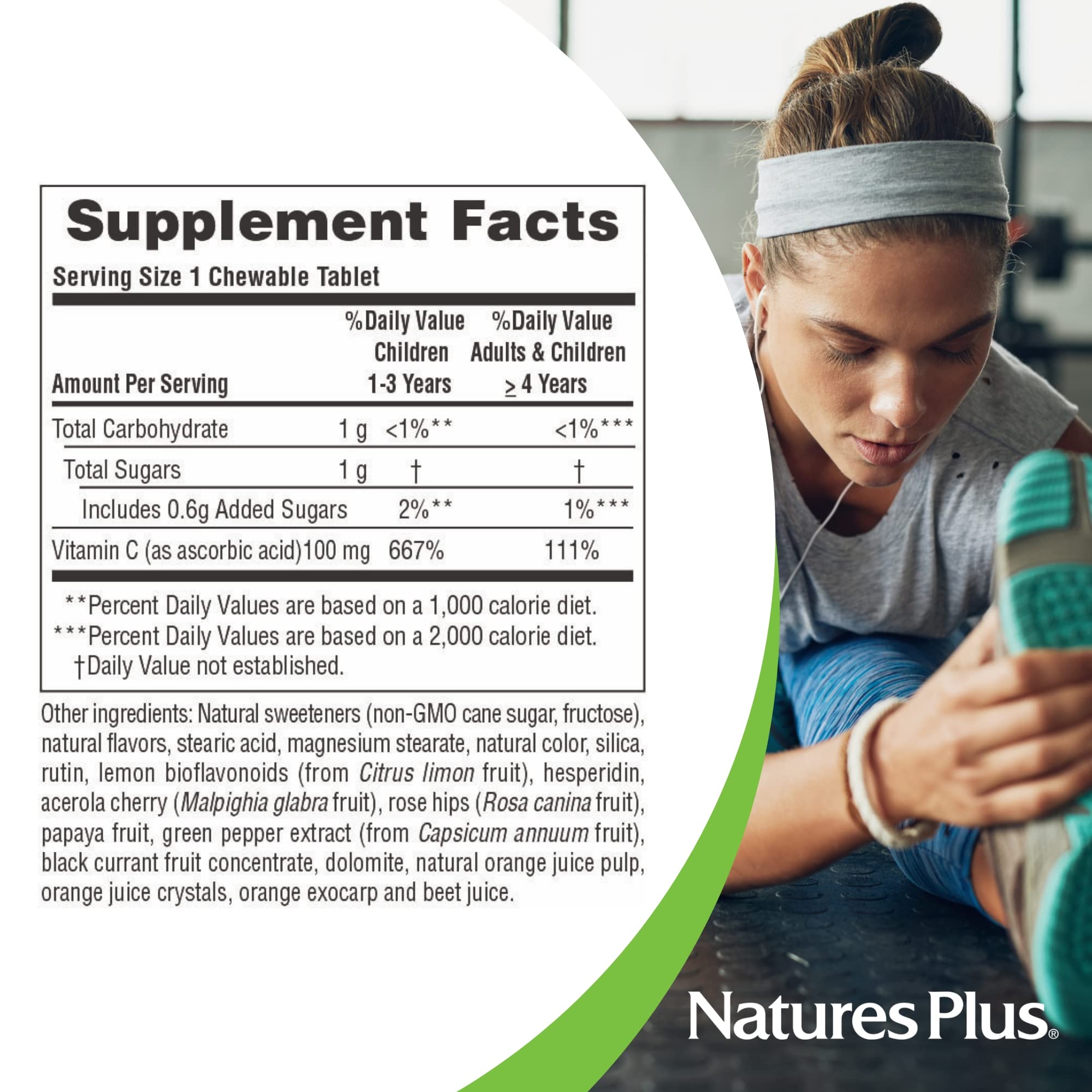 NaturesPlus etiqueta con información nutricional clara y beneficios sugeridos