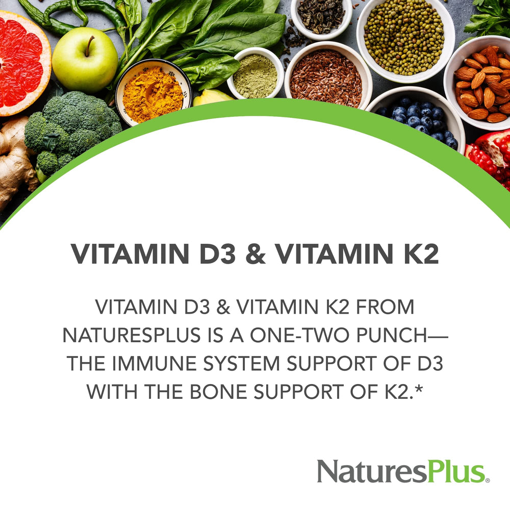 NaturesPlus etiqueta de nutrientes destacando dosis de D3 y K2