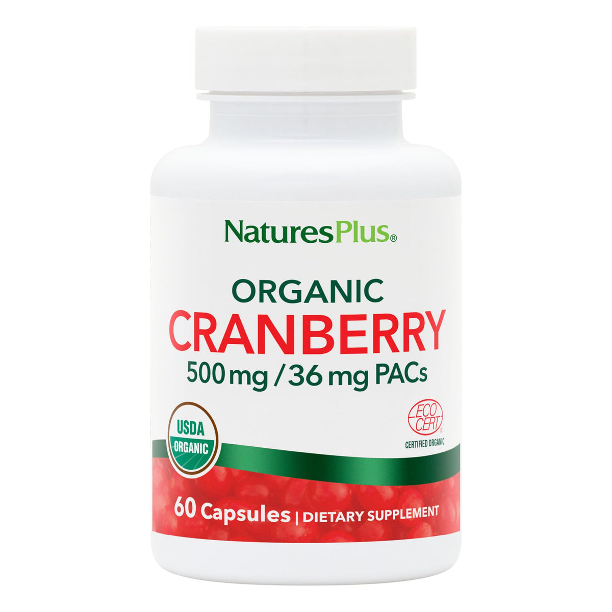 NaturesPlus frasco frontal de Cranberry 500 mg mostrando envase orgánico y beneficios