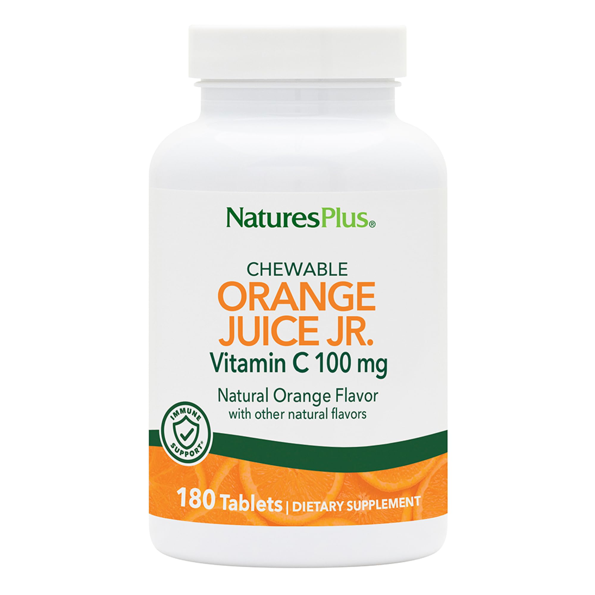NaturesPlus botella frontal con comprimidos masticables sabor naranja, apariencia clara