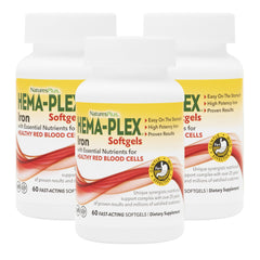 Nature's Plus frasco frontal Hema-Plex mostrando etiqueta y beneficios