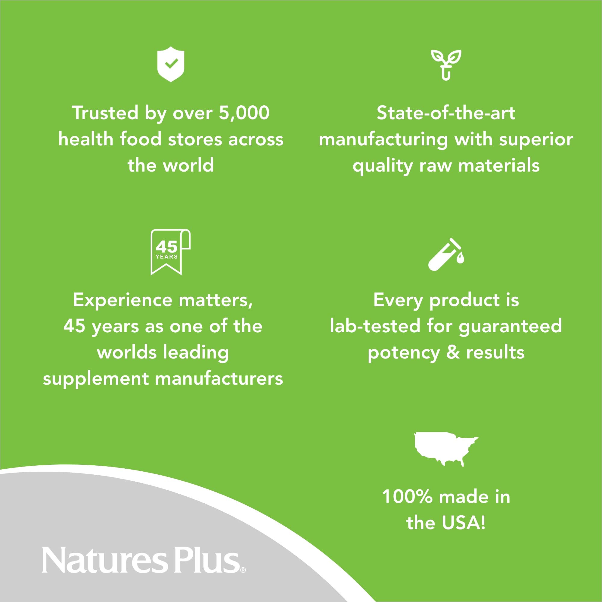 NaturesPlus botella abierta con tabletas, mostrando cantidad servible