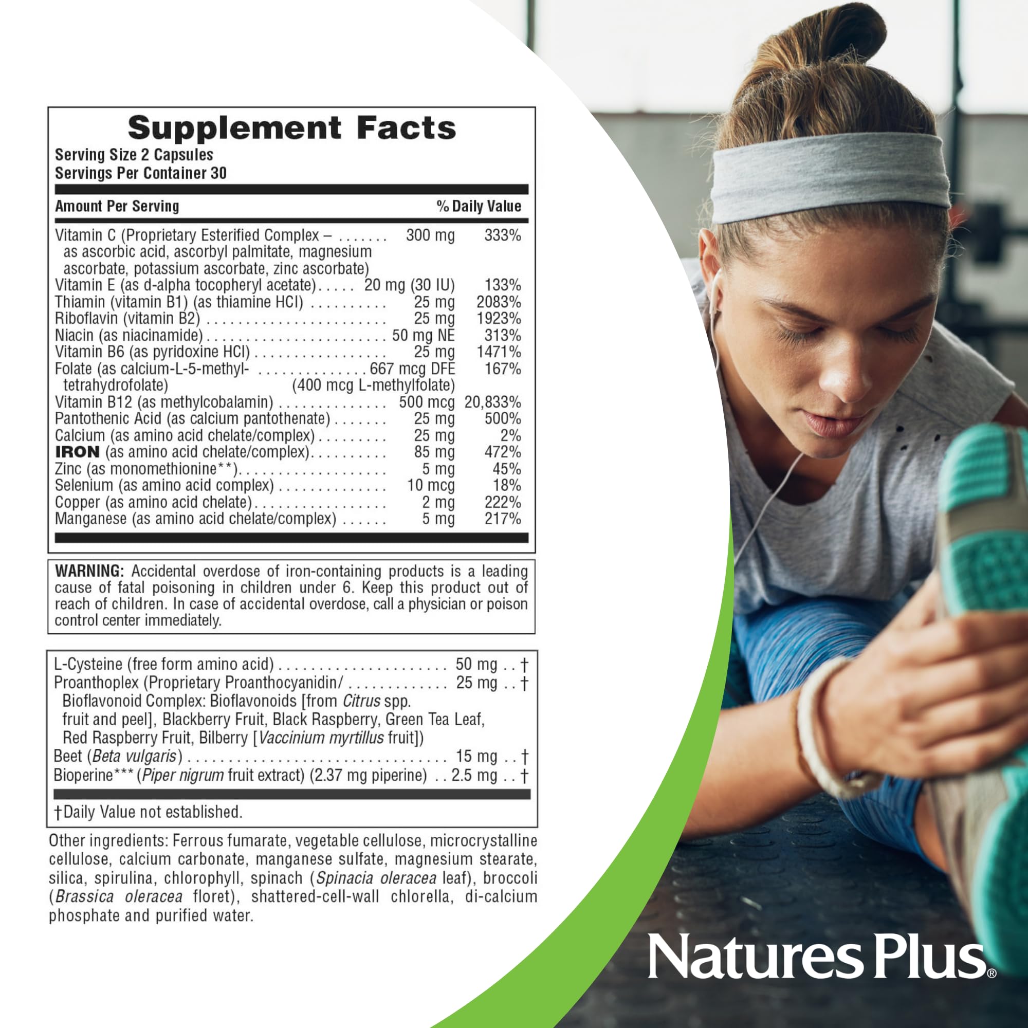 Etiqueta de NaturesPlus Hema-Plex con lista de ingredientes y detalle de vitaminas