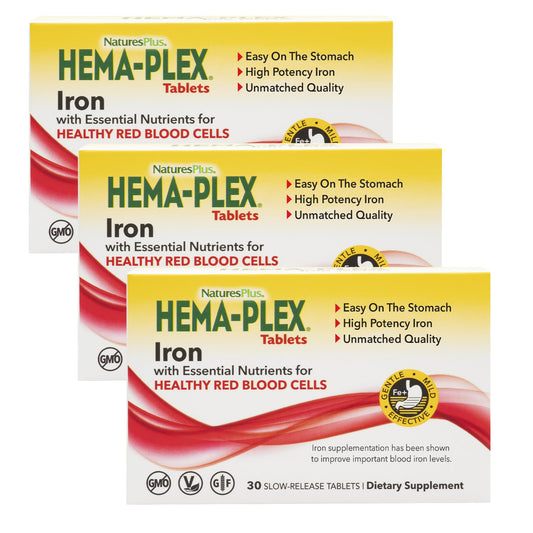 NaturesPlus Hema-Plex Iron frasco frontal mostrando fórmula y beneficios