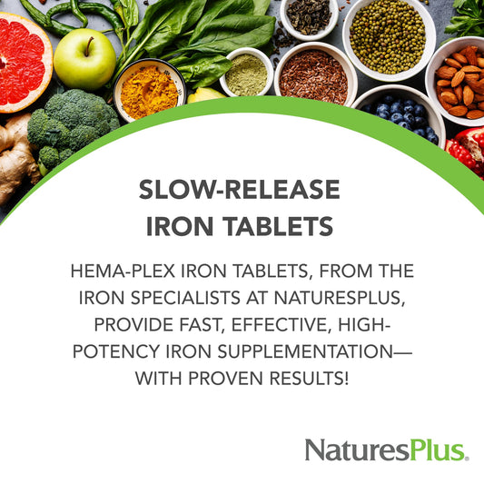 Primer plano de tableta NaturesPlus Hema-Plex Iron textura y liberación lenta