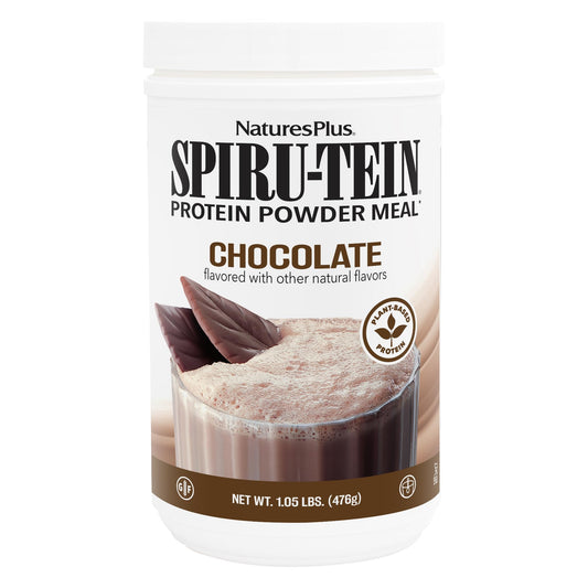 NaturesPlus SPIRU-TEIN frente del envase muestra beneficios y sabor chocolate