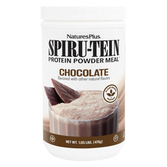 NaturesPlus SPIRU-TEIN frente del envase muestra beneficios y sabor chocolate