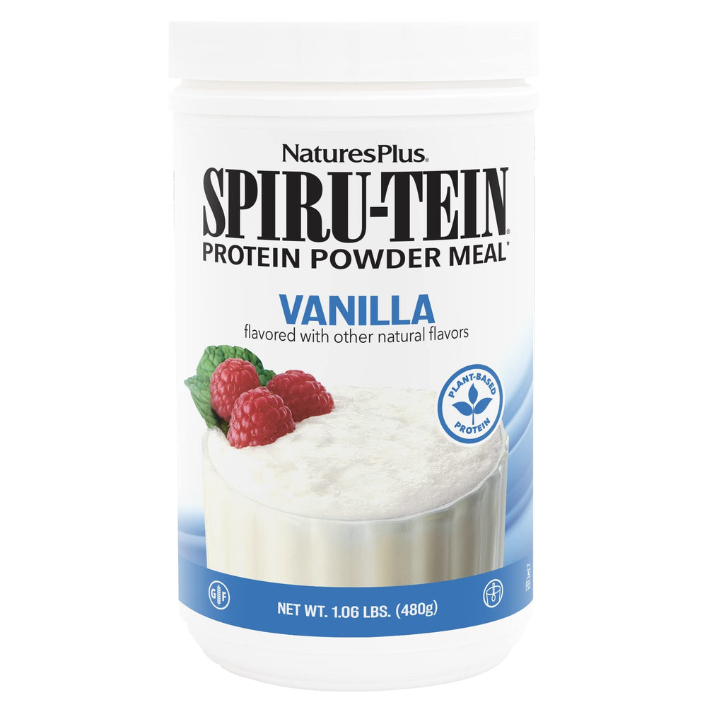 NaturesPlus SPIRU-TEIN frente del envase mostrando marca y formato, ideal para identificación rápida