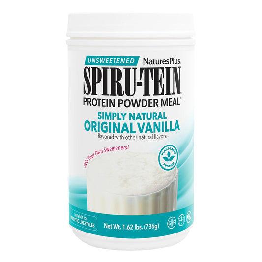 NaturesPlus frasco SPIRU-TEIN vainilla mostrando presentación y beneficio práctico