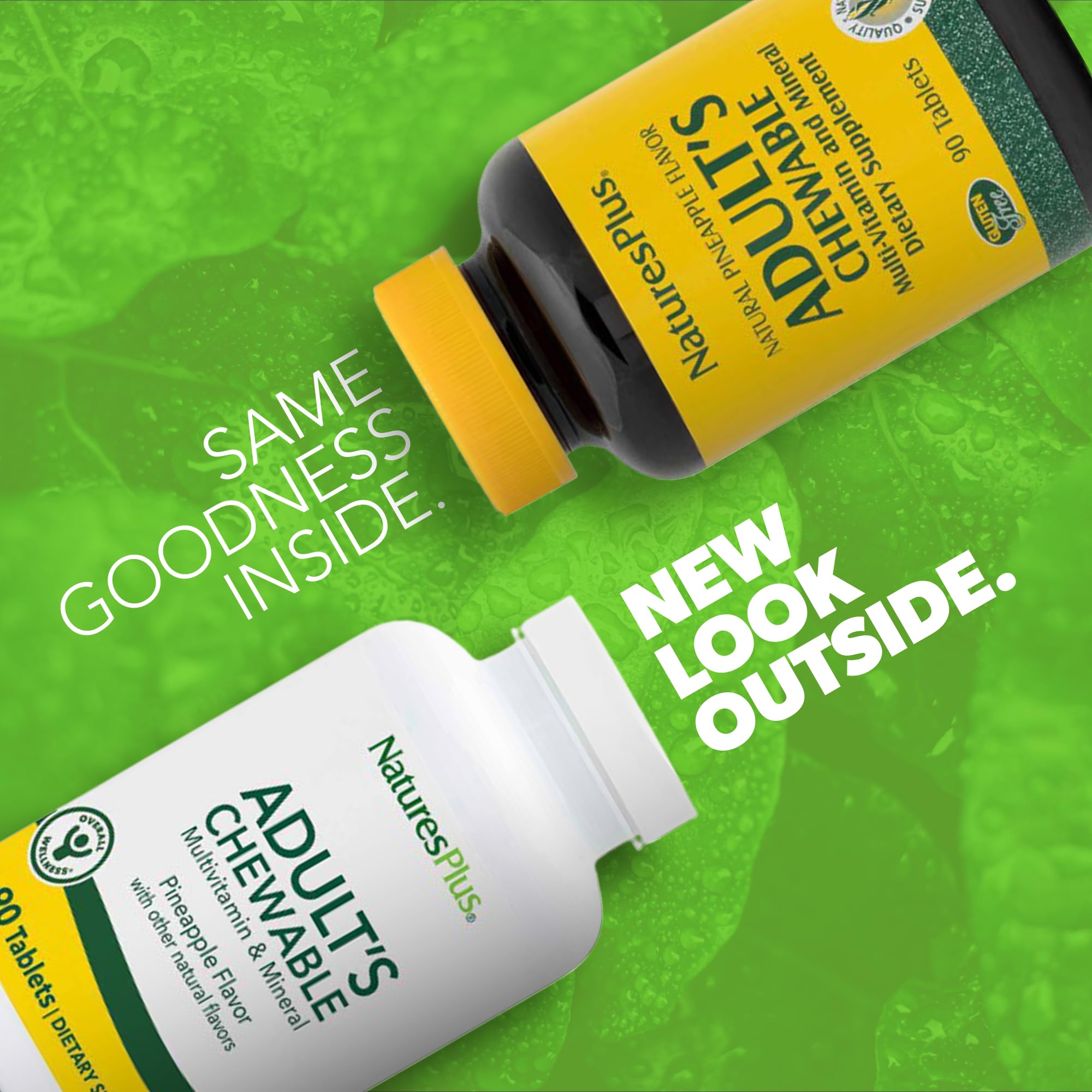 NaturesPlus primer plano de tabletas masticables mostrando textura y color natural