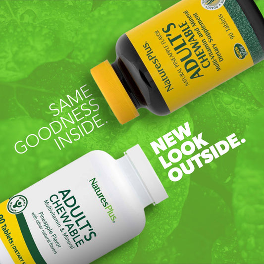 NaturesPlus primer plano de tabletas masticables mostrando textura y color natural