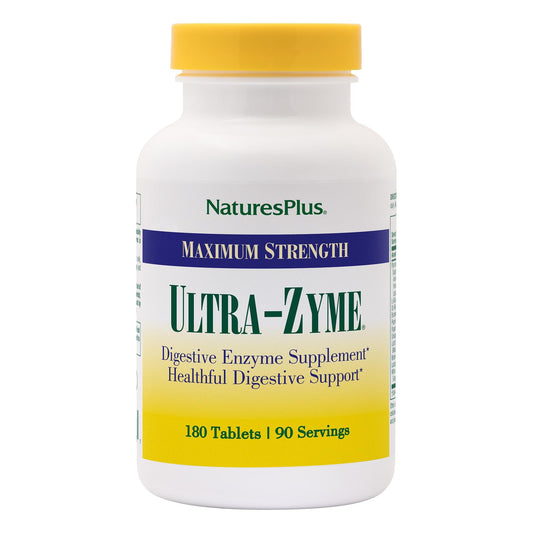 NaturesPlus frasco Ultra-Zyme frontal mostrando 180 comprimidos y etiqueta clara