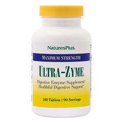 NaturesPlus frasco Ultra-Zyme frontal mostrando 180 comprimidos y etiqueta clara