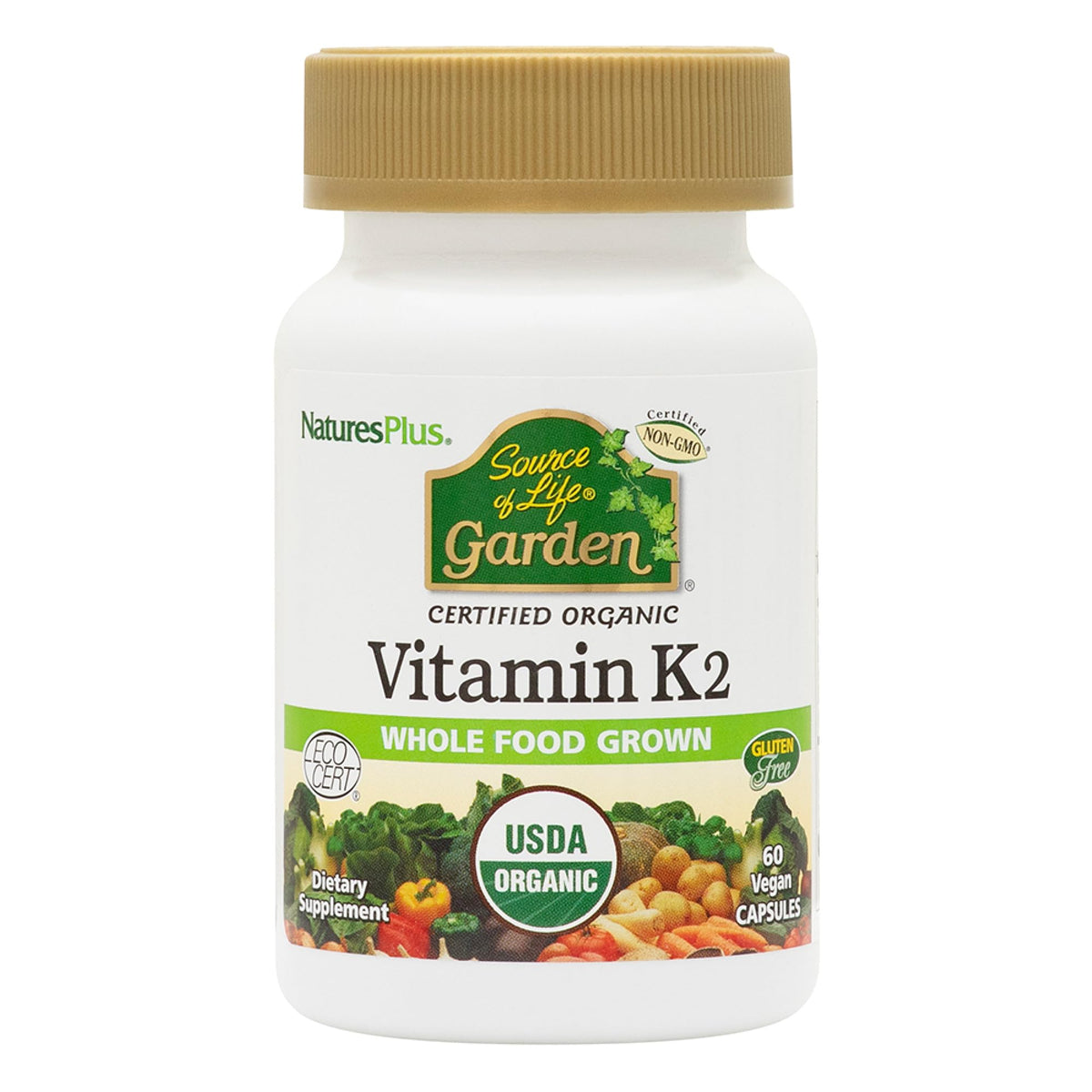 NaturesPlus frasco frontal de Vitamin K2 mostrando diseño y cantidad útil