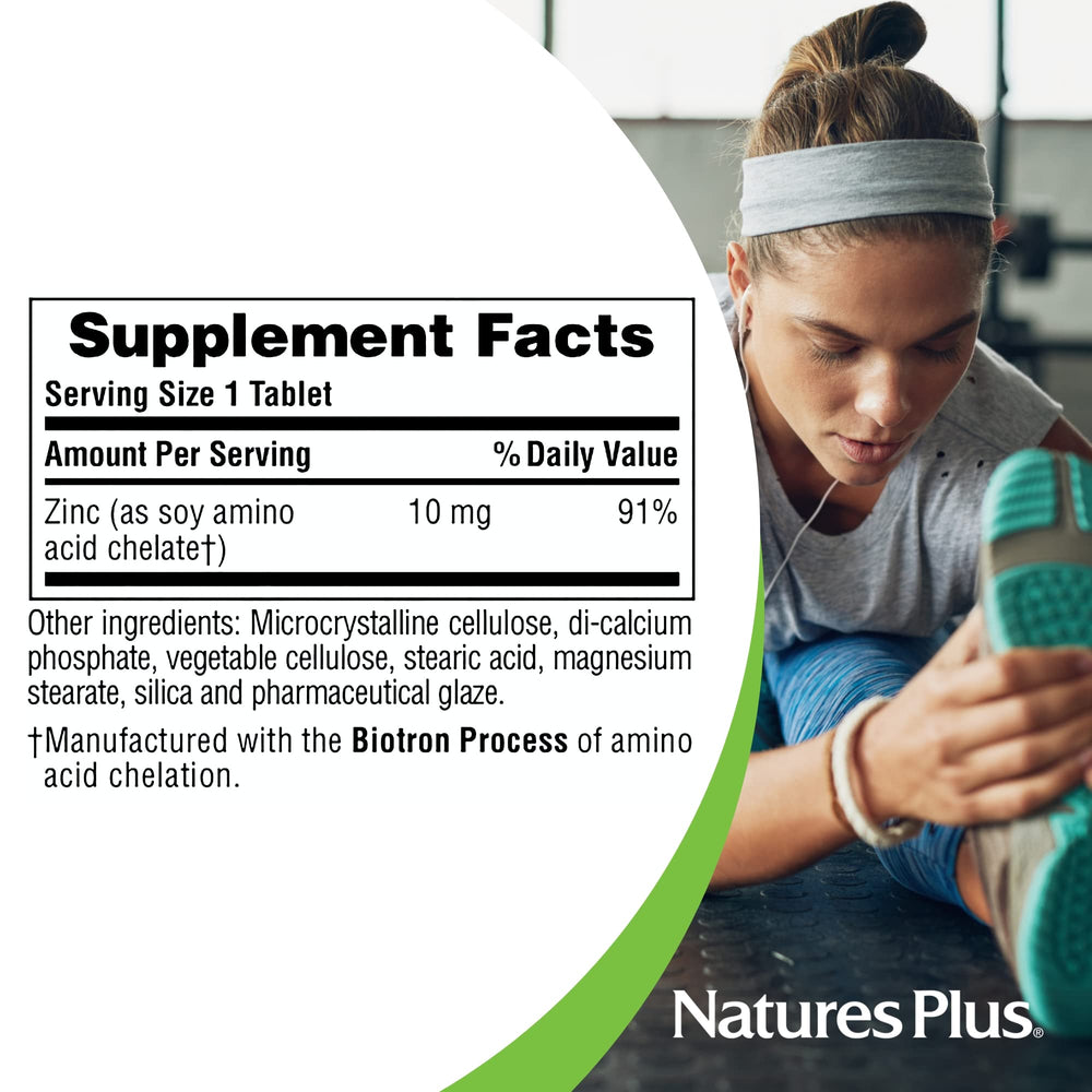 Primer plano de la etiqueta NaturesPlus Zinc con lista de ingredientes y pureza
