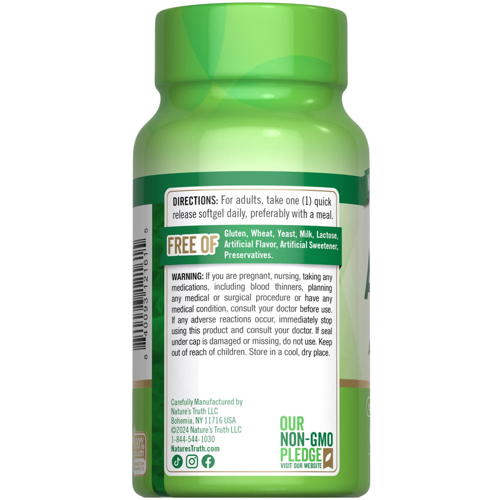 Nature's Truth softgels junto a un desayuno indicando uso con comida