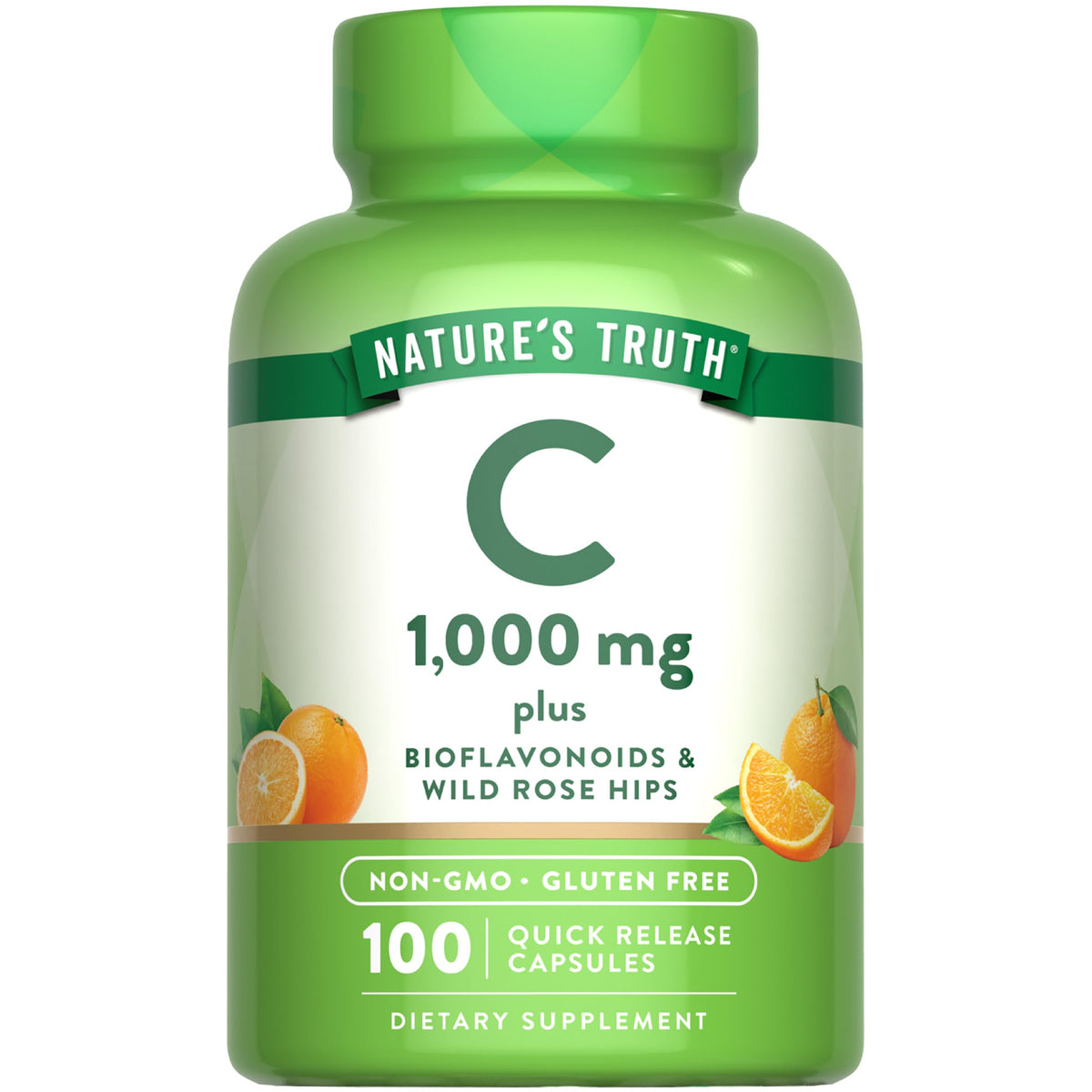 Nature's Truth frasco delante mostrando 100 cápsulas y etiqueta clara