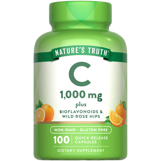 Nature's Truth frasco delante mostrando 100 cápsulas y etiqueta clara