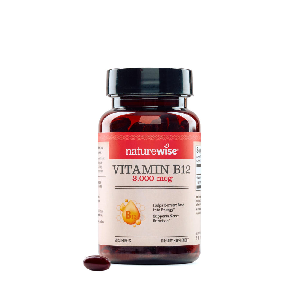 NatureWise botella frontal mostrando 60 softgels y beneficio de conveniencia