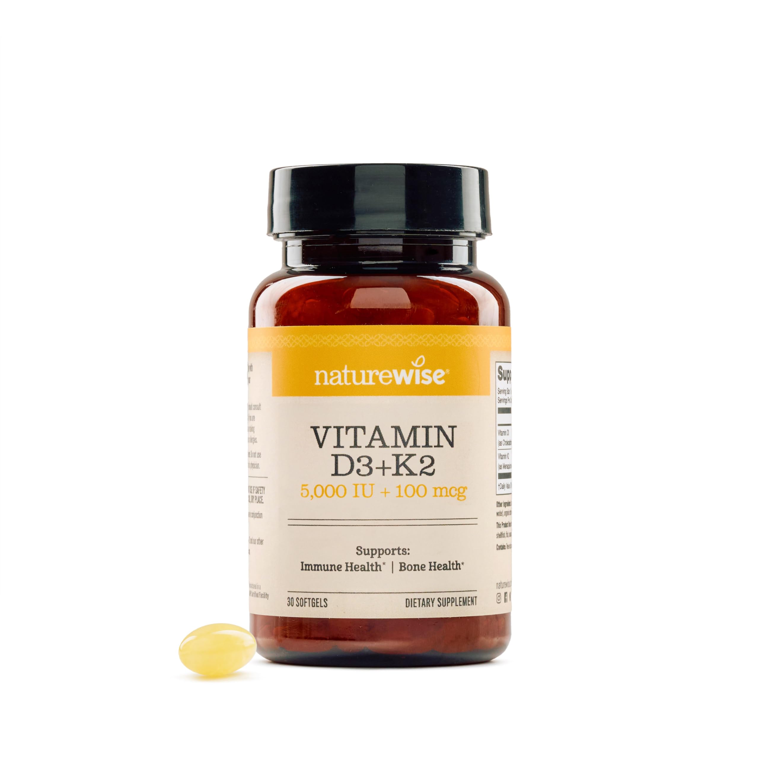 NatureWise envase frontal del suplemento D3 5000 IU K2 100 mcg beneficiando la compra informada