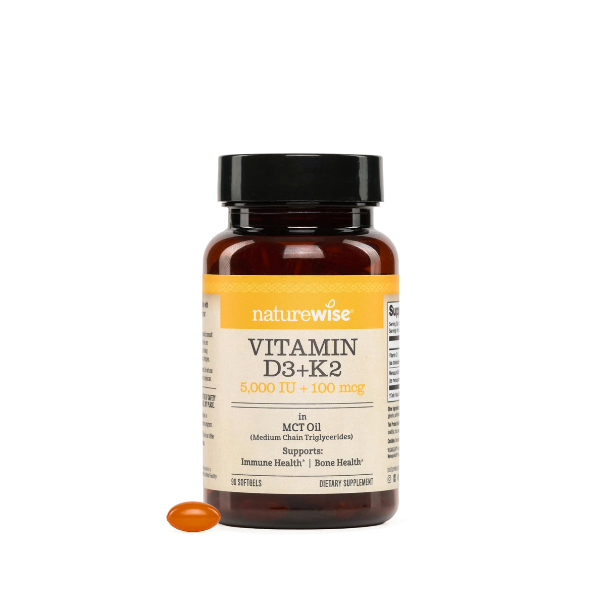 NatureWise empaque frontal mostrando D3 y K2 veganos y beneficios claros