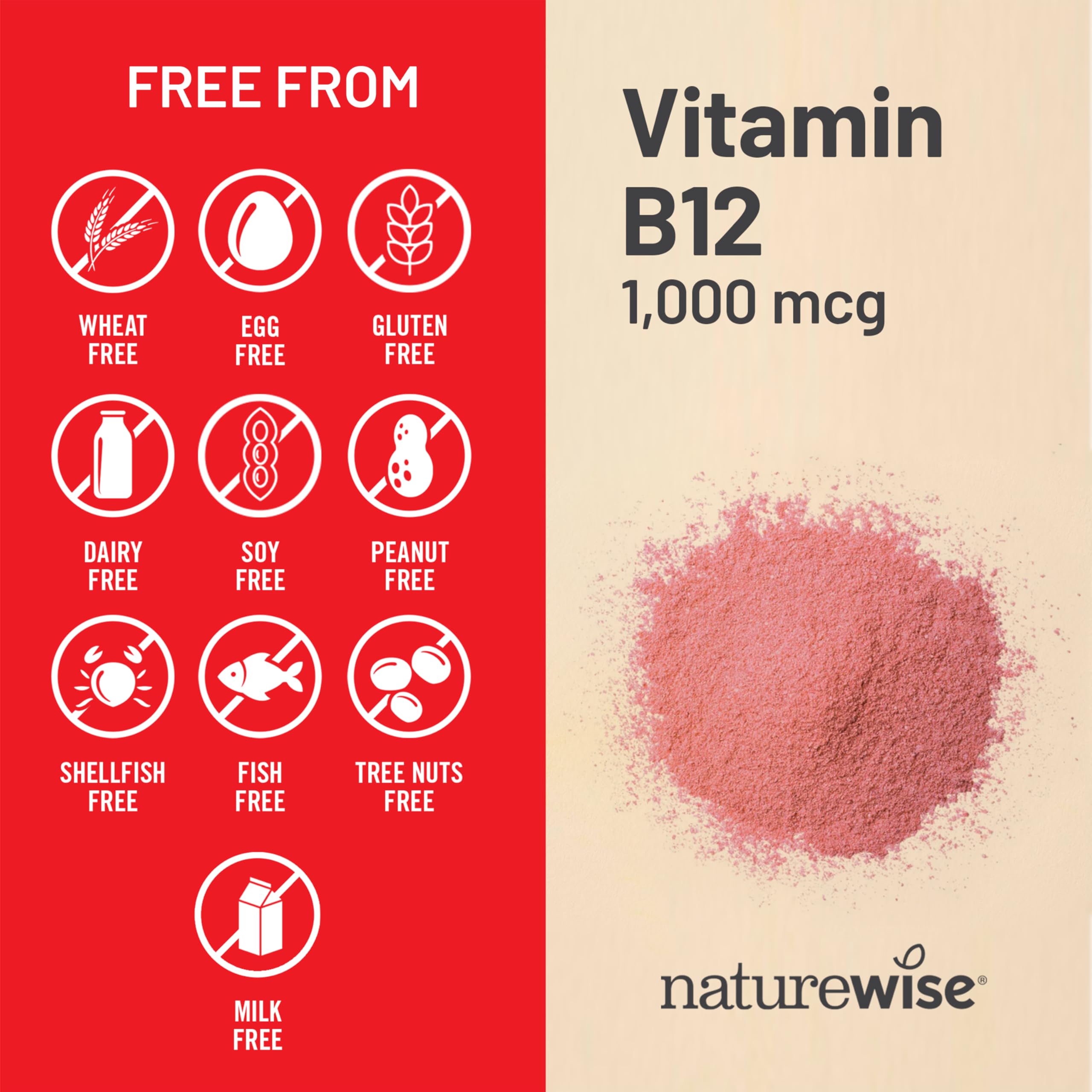 NatureWise etiqueta nutricional clara mostrando 1000 mcg por porción y certificaciones