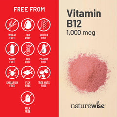 NatureWise etiqueta nutricional clara mostrando 1000 mcg por porción y certificaciones