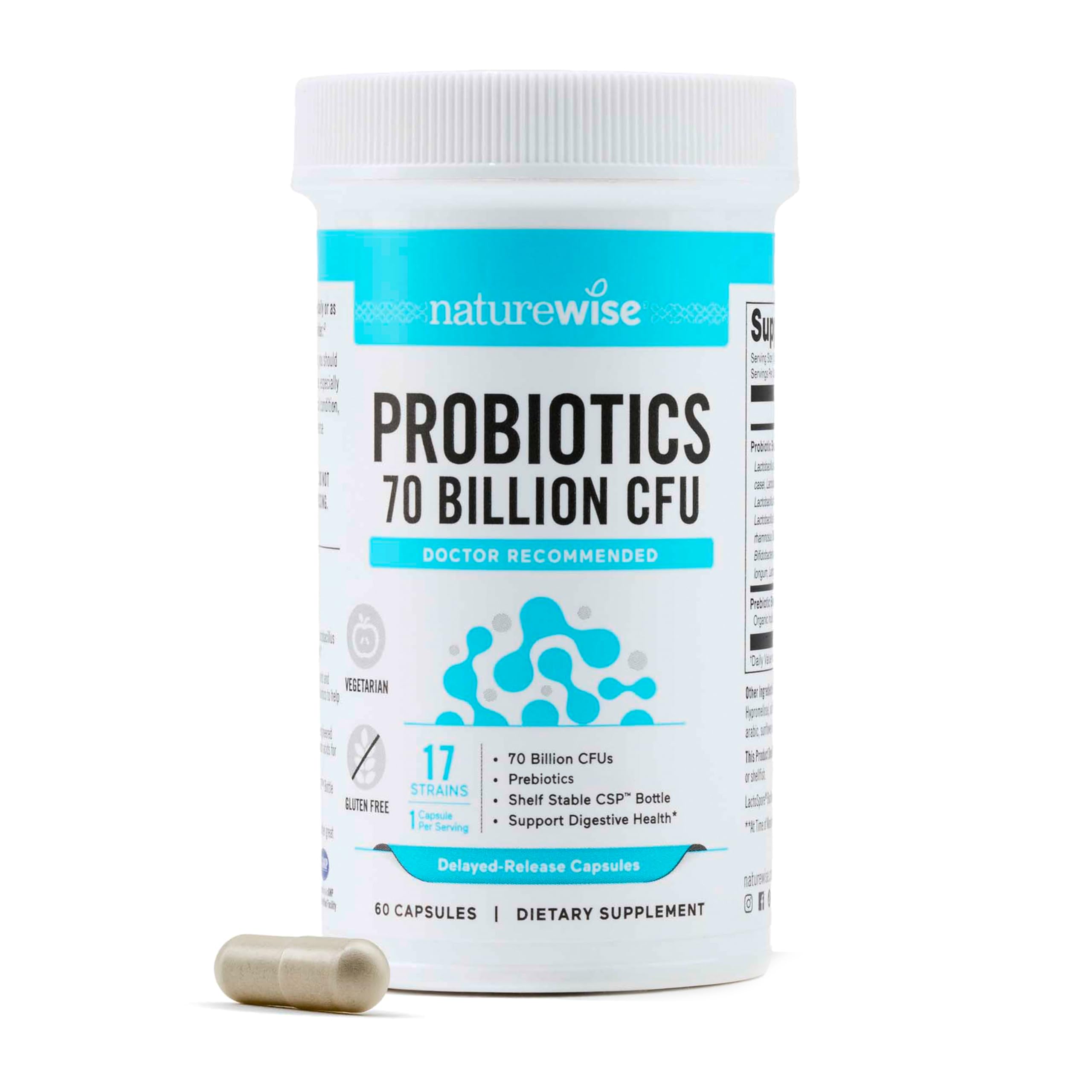 NatureWise frasco delantero mostrando 70 billion CFU y beneficios