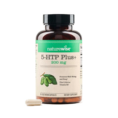 NatureWise frasco frontal del suplemento 5-HTP 200 mg con beneficio de apoyo al ánimo