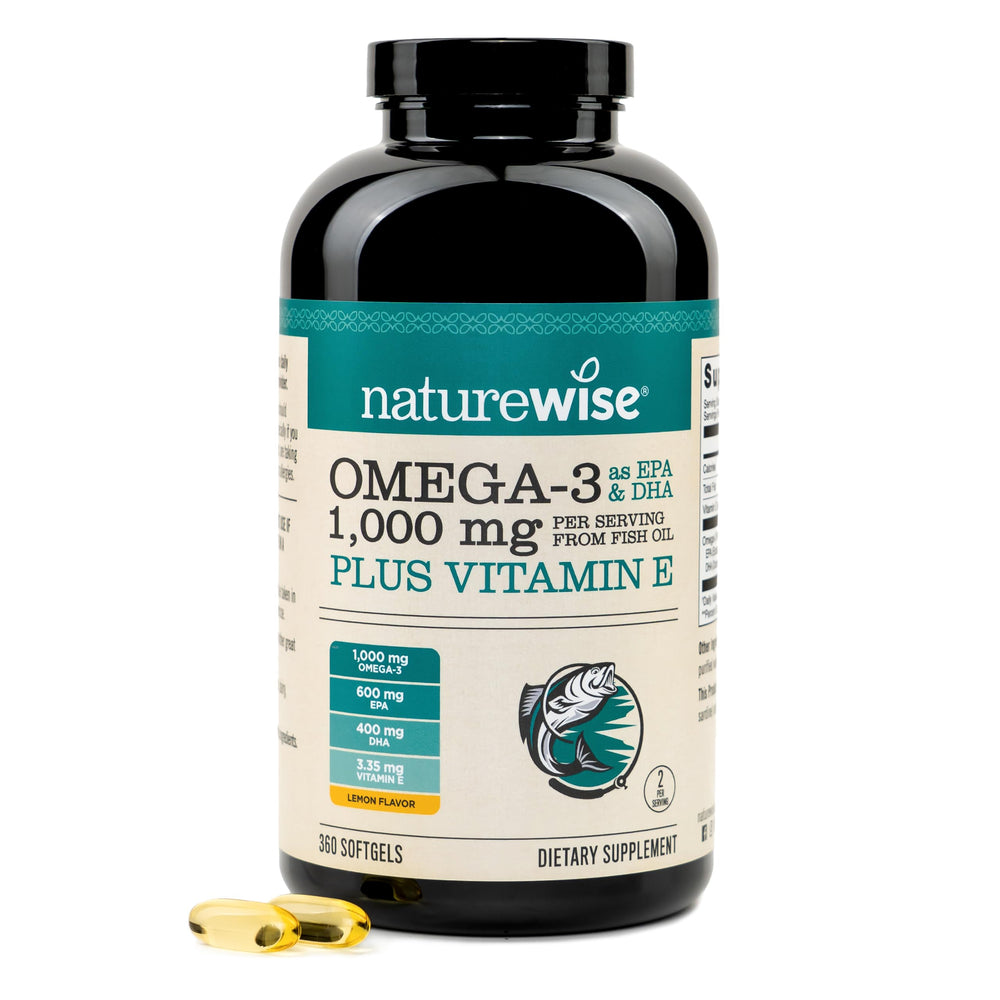 NatureWise frente del envase mostrando 360 softgels y beneficios clave