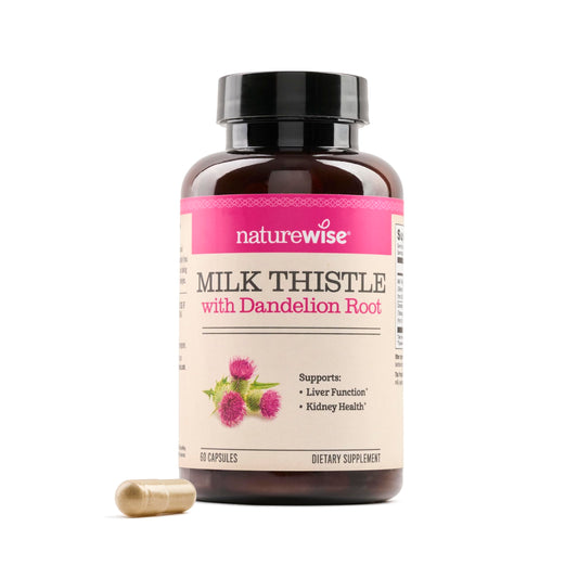 NatureWise envase frontal de Milk Thistle mostrando formato y beneficio hepático