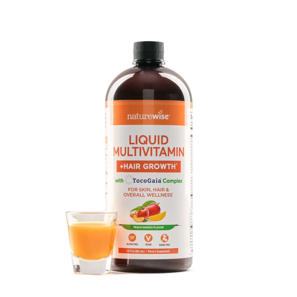 NatureWise envase frontal del multivitamínico líquido, presentación clara y beneficios visibles
