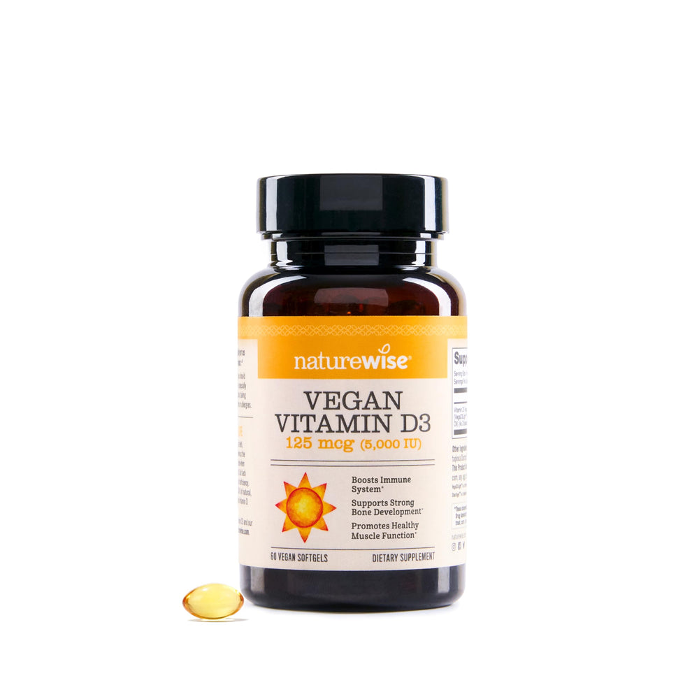 NatureWise frontal del envase mostrando D3 vegano y 60 softgels, claridad de producto