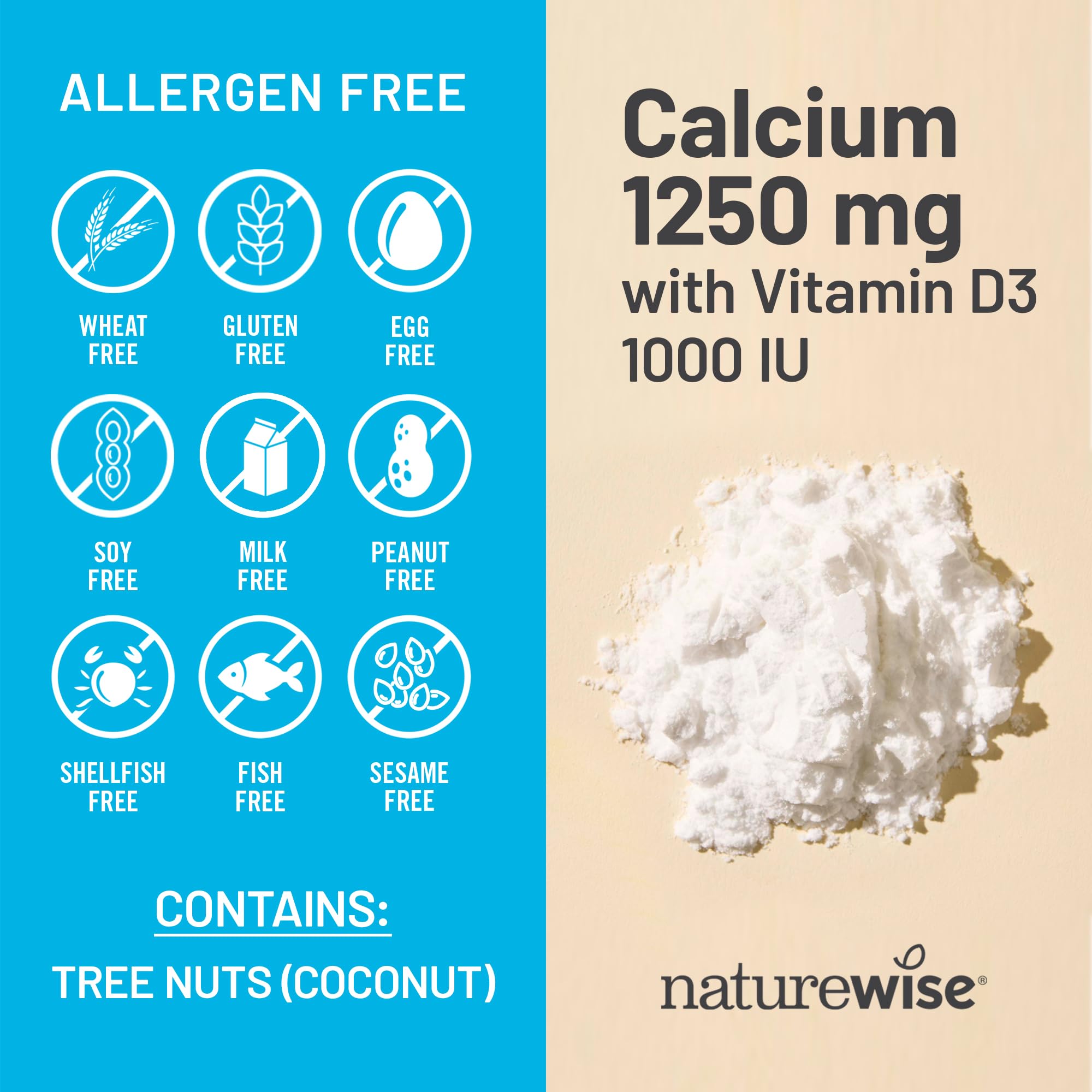 NatureWise lista de ingredientes destacando calcio puro y MCT orgánico