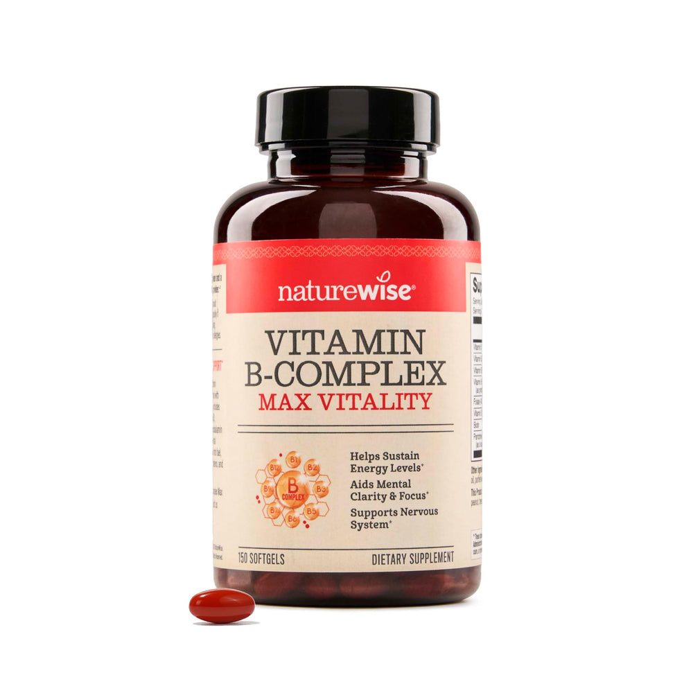 NatureWise envase frontal mostrando 150 softgels y beneficios de energía