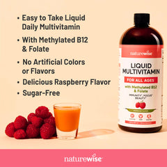 NatureWise gotas del multivitamínico destacando textura líquida y mezcla suave