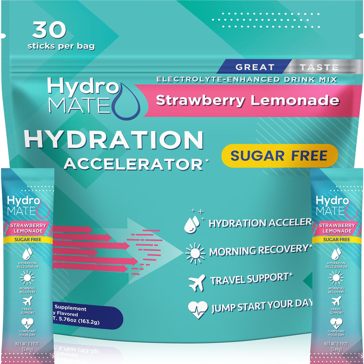 NatureWorks empaque frontal HydroMATE muestra 30 sobres y beneficio portátil