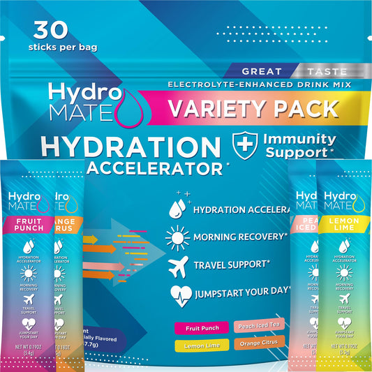 NatureWorks HydroMATE frente del paquete mostrando 30 sobres y beneficio de portabilidad