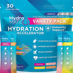 NatureWorks HydroMATE frente del paquete mostrando 30 sobres y beneficio de portabilidad